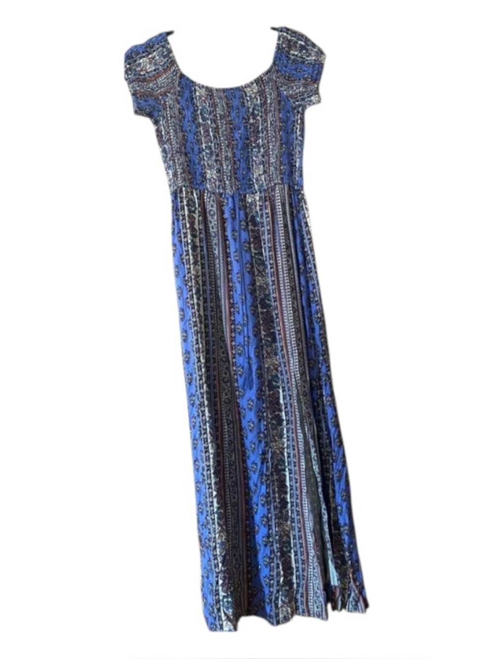 Band of Gypsies Blue Paisley Maxi Dress L Smocked Boho Peasant